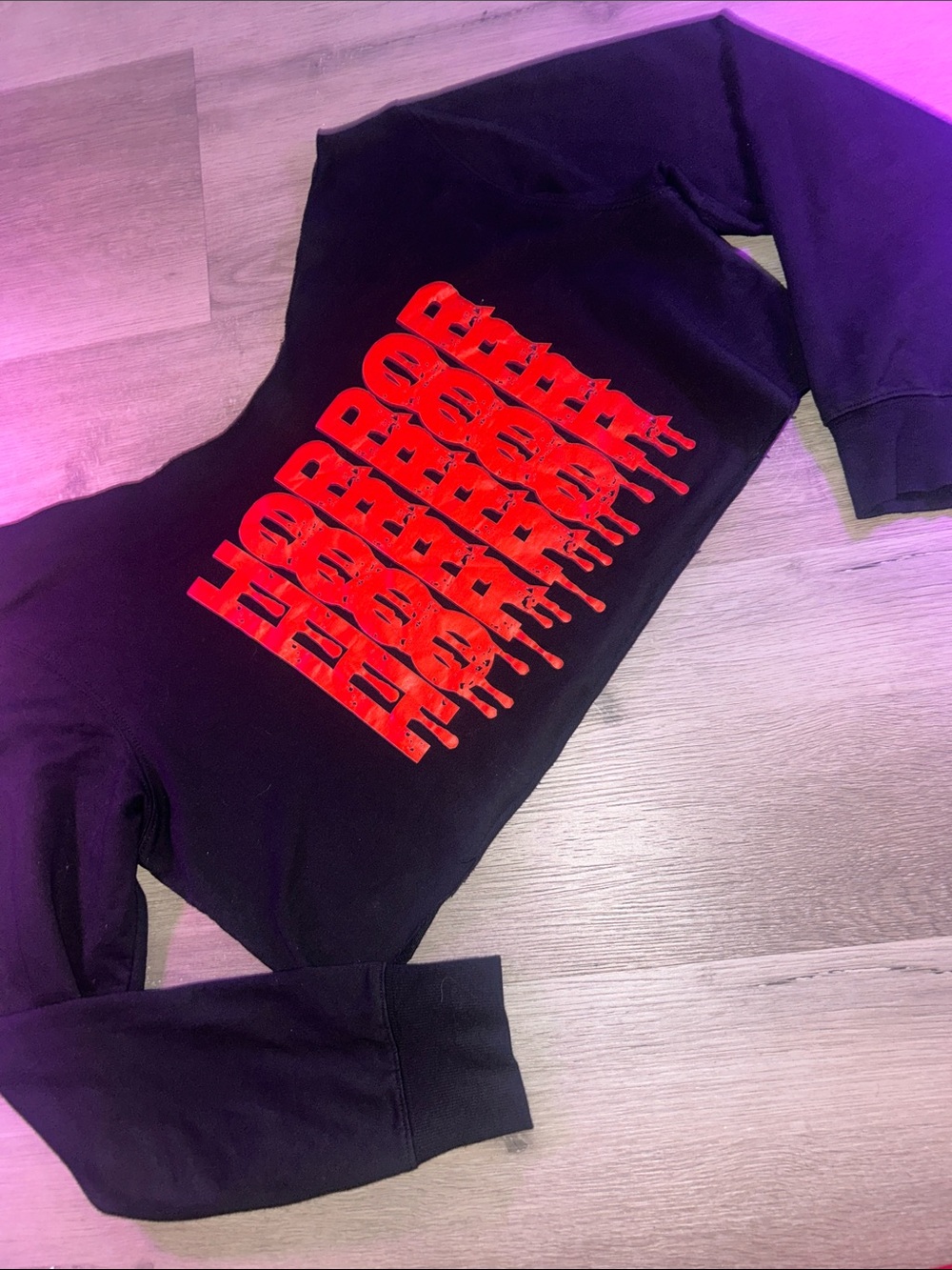 Red 'Horror' Graphic off shoulder cropped long sleeve
